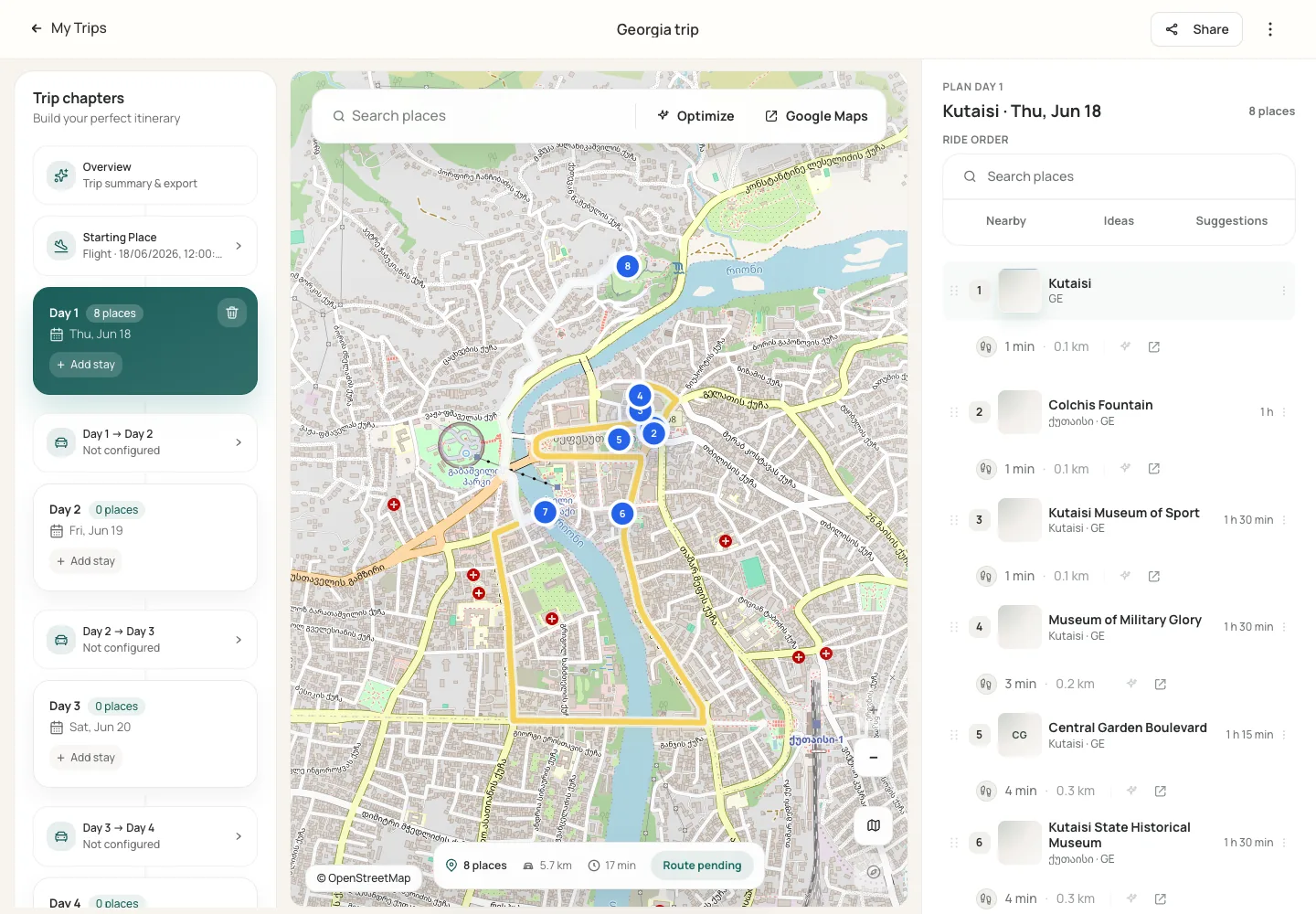Rovefold route workspace with trip chapters, route map and day plan
